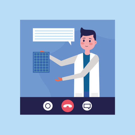 Illustration of a doctor on a video call pointing to a medical chart