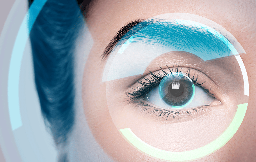 A stylised eye with a measurement graphic overlaid