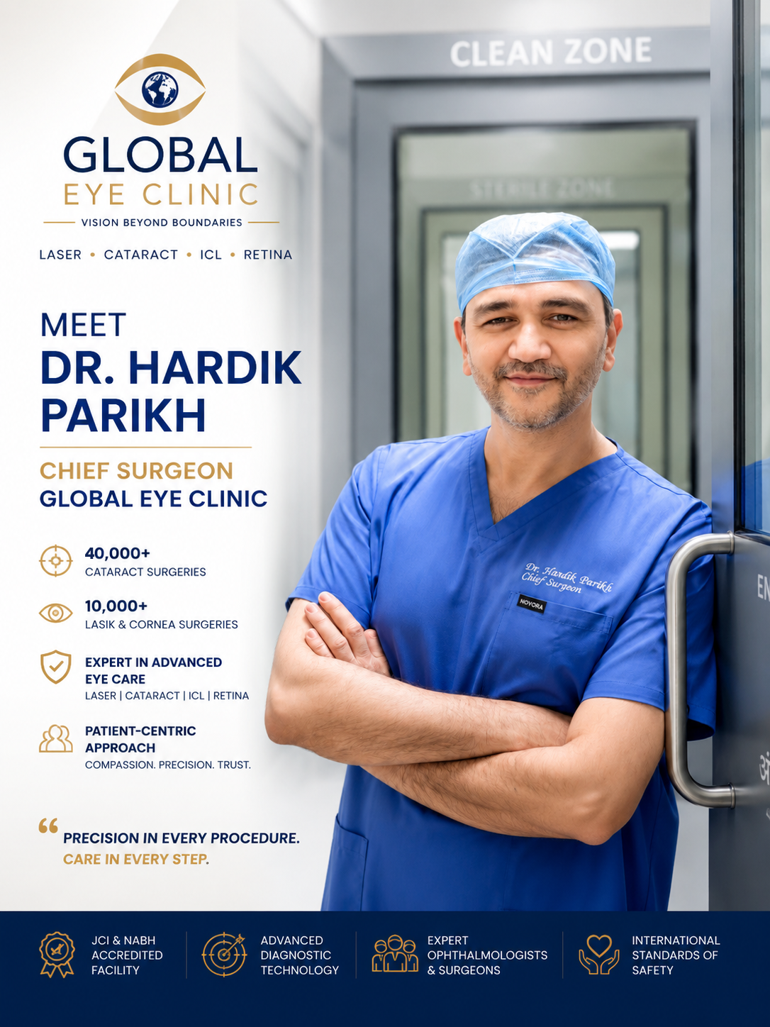Dr. Hardik Parikh in surgical scrubs outside the Global Eye Clinic clean zone