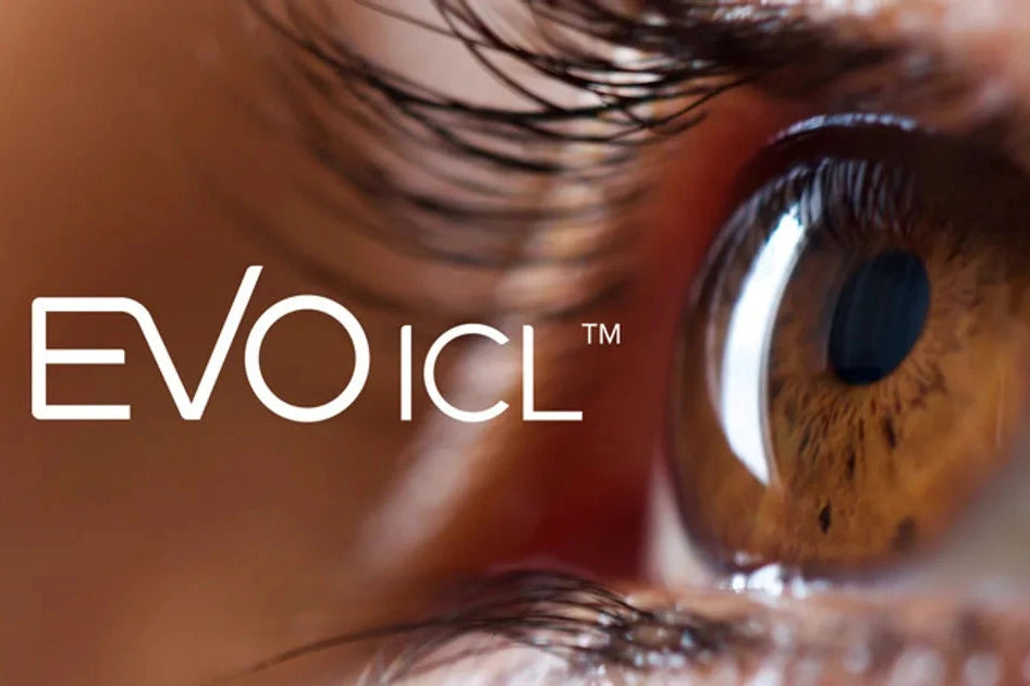 Close-up of a brown eye with the EVO ICL logo