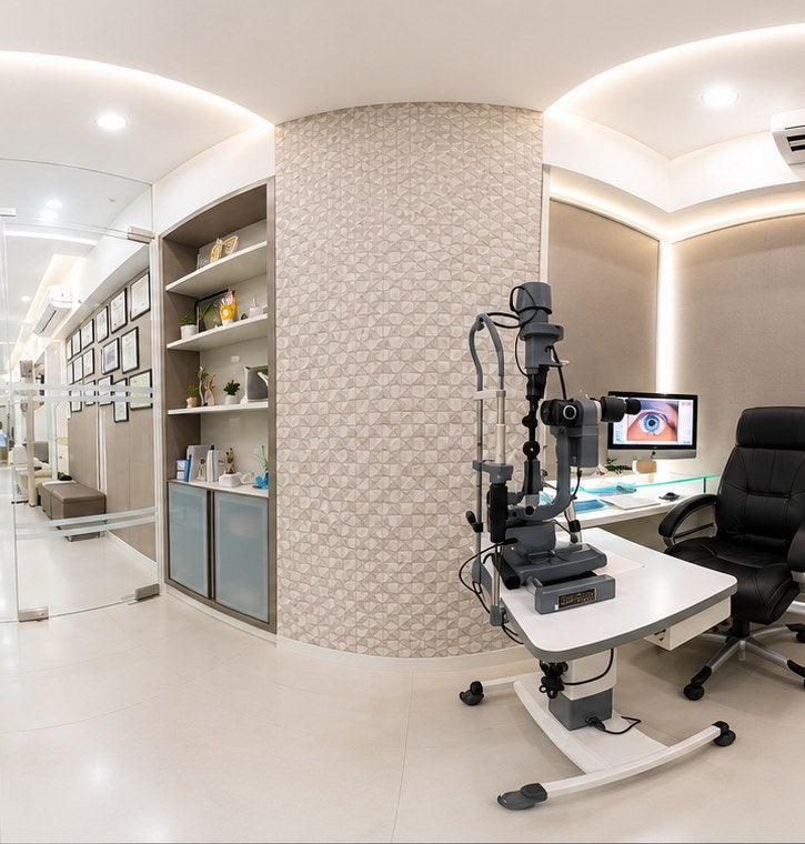 Eye examination room with a slit lamp and a monitor displaying an eye