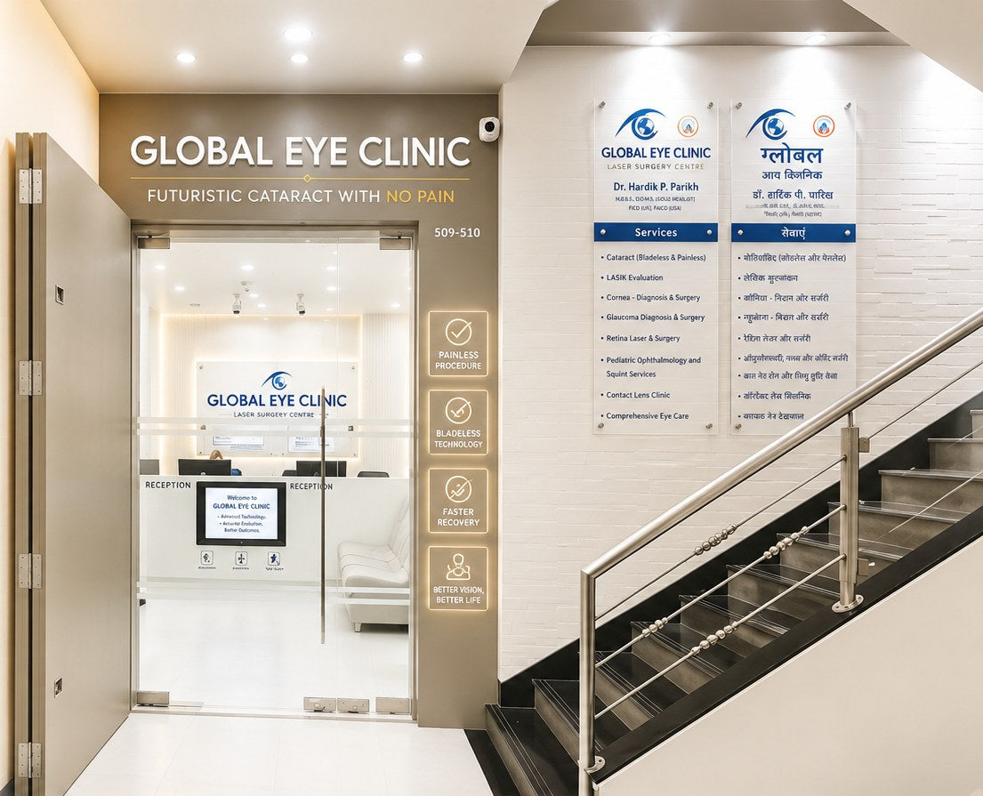 Entrance to Global Eye Clinic beside a staircase and bilingual service signs