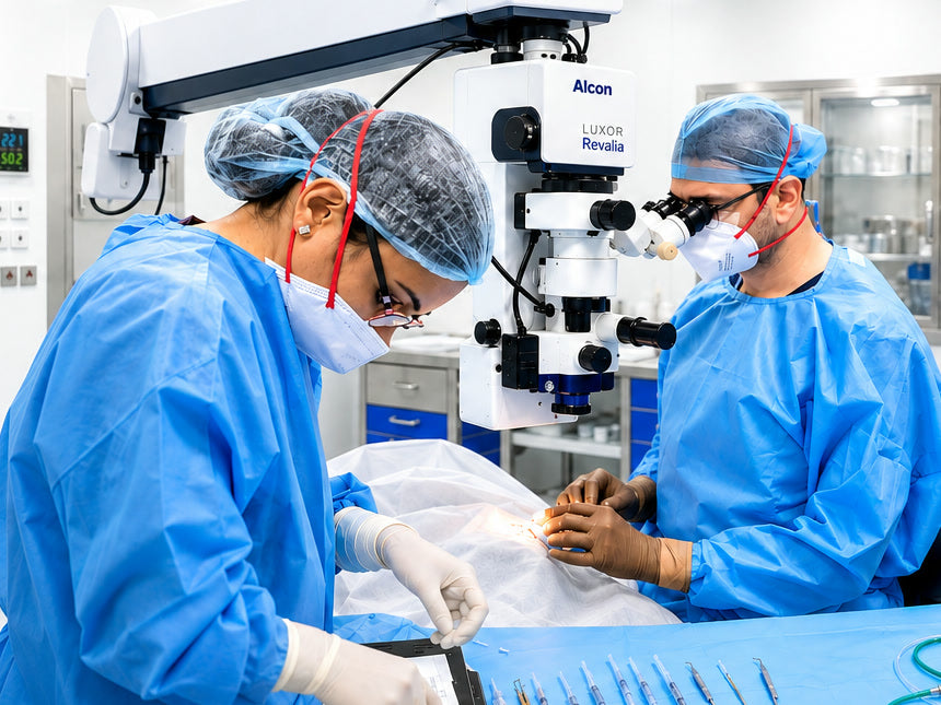 Surgeon performing eye surgery under an operating microscope with an assistant