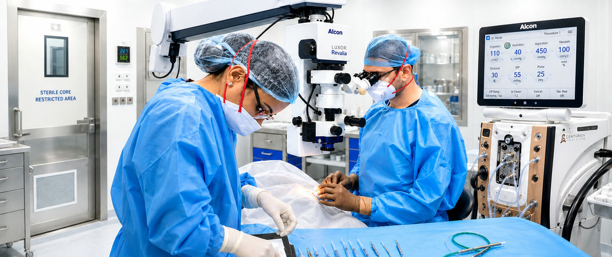 Two clinicians performing eye surgery under an operating microscope at Global Eye Clinic