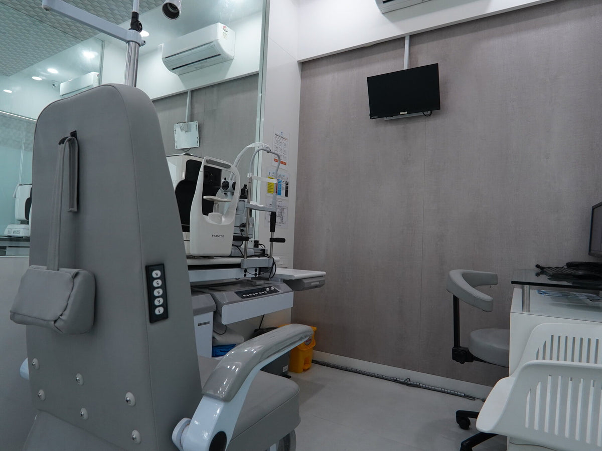 Visual field testing station at Global Eye Clinic