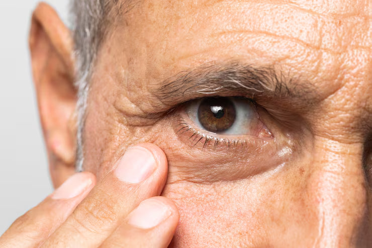 Older man pulling down the skin beneath one eye