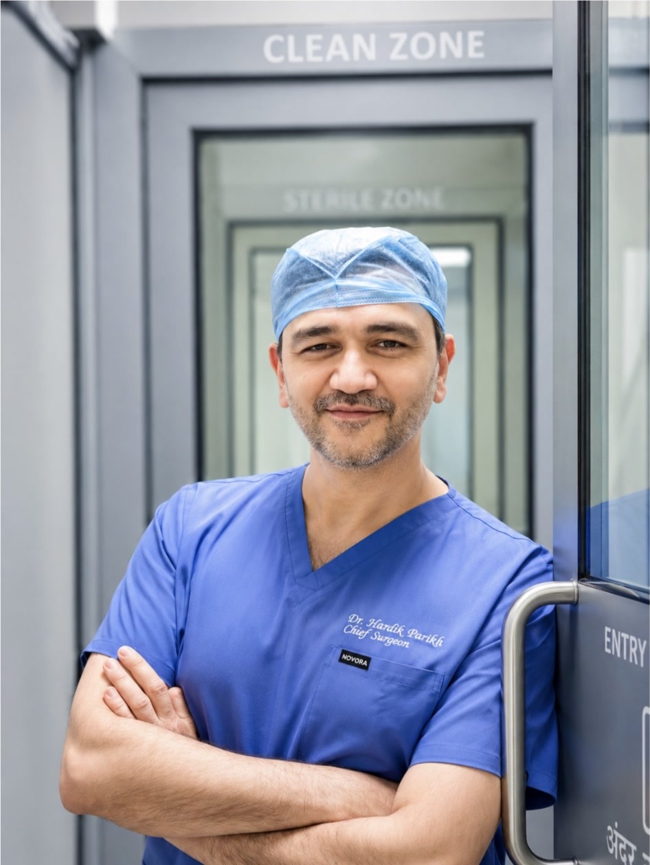 Dr. Hardik Parikh in blue surgical scrubs outside the operating-theatre clean zone