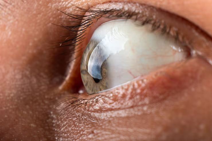 Side close-up of an eye with a visibly protruding cornea