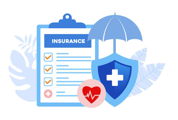 Medical insurance illustration with a policy checklist, umbrella, shield, and heart symbol