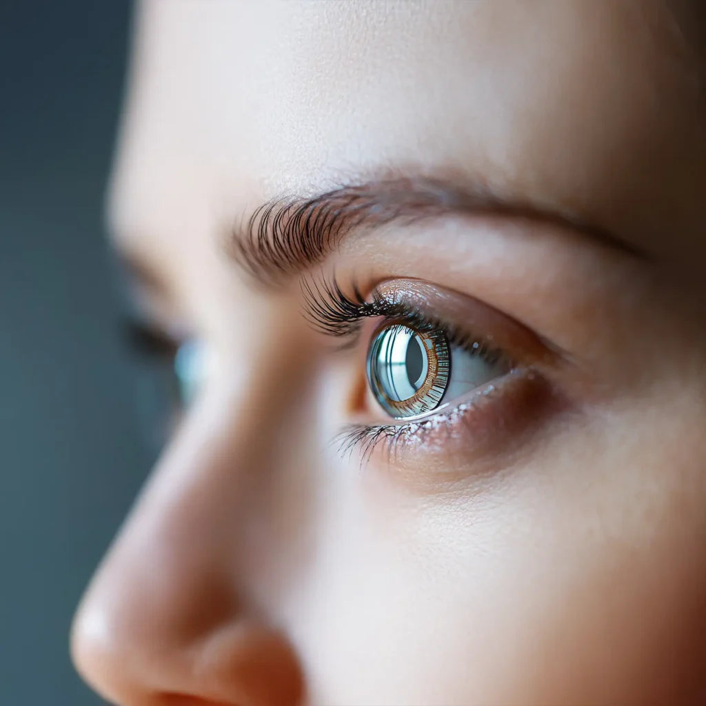 Side-profile close-up of an eye with a circular lens reflection
